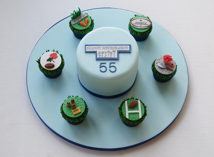 Retirement and 55th birthday cake and rugby and gardening cupcakes