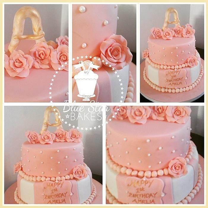 1st Birthday Peach and Cream Roses Birthday Cake