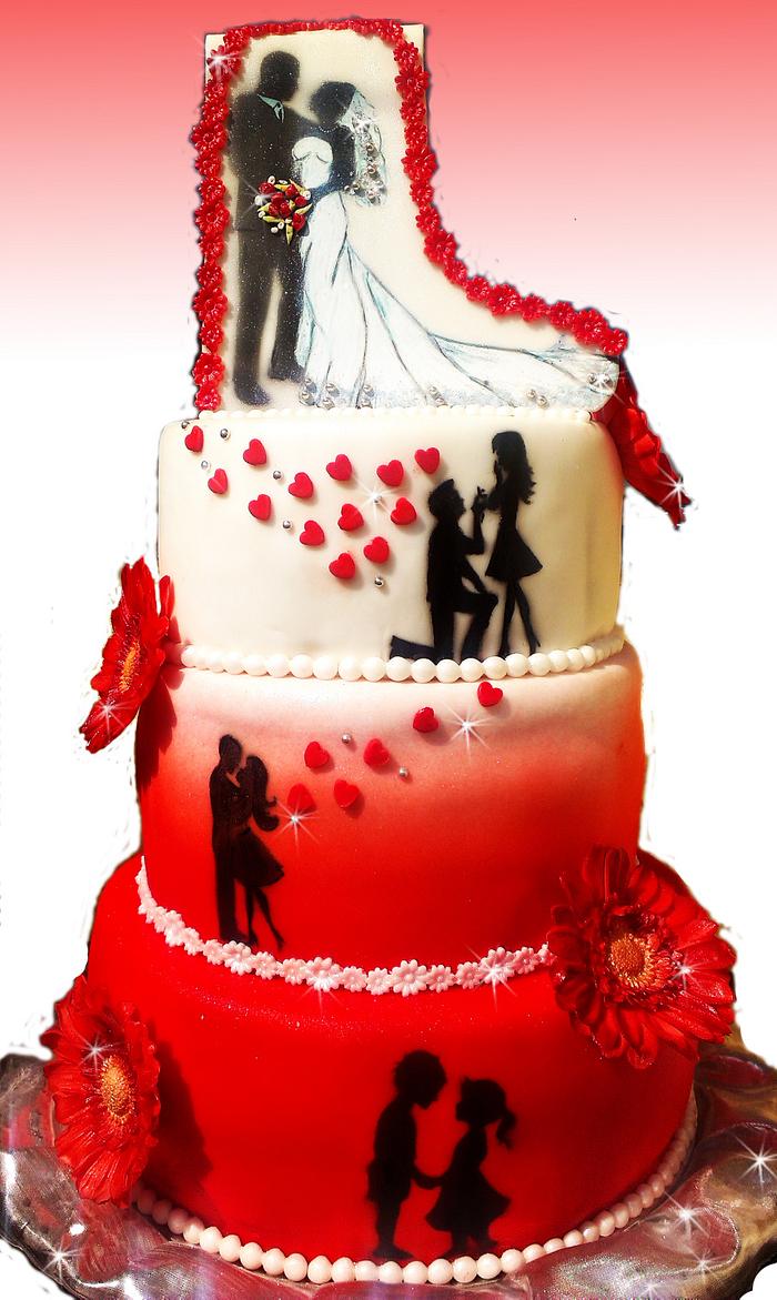 Red and white story wedding cake 