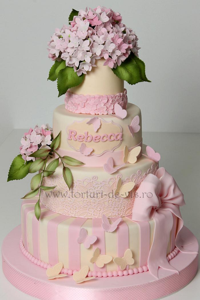 Christening cake with pink hydrangeas