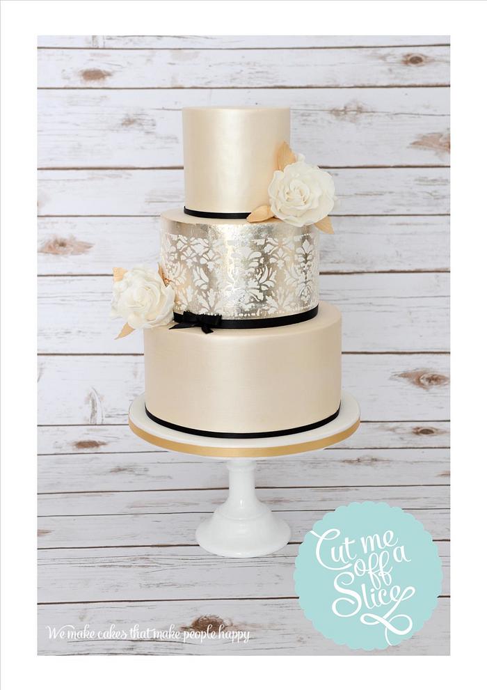 Gold Lustre, Silver Leaf & Damask Wedding Cake