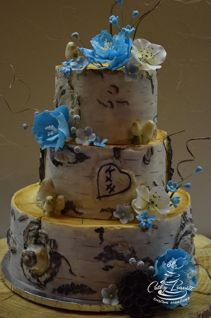 Aspen Bark Wedding Cake with Blue Floral