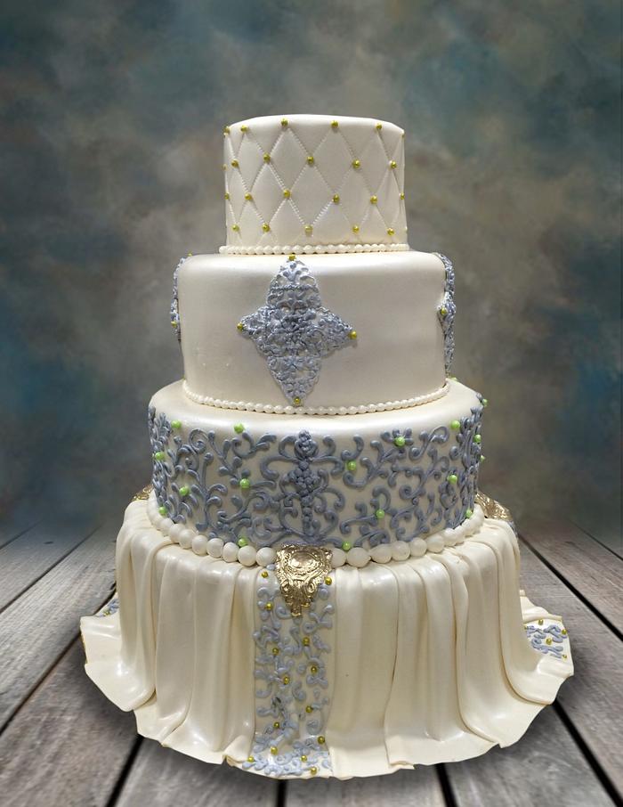 Silver pleated wedding cake 