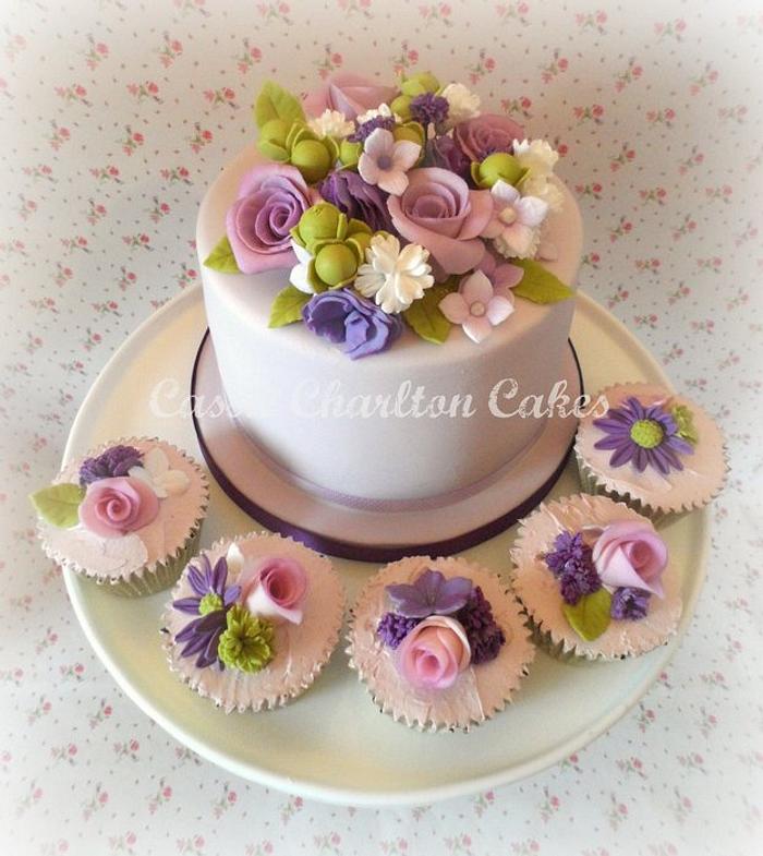 Purple Garden themed wedding cake & cupcakes