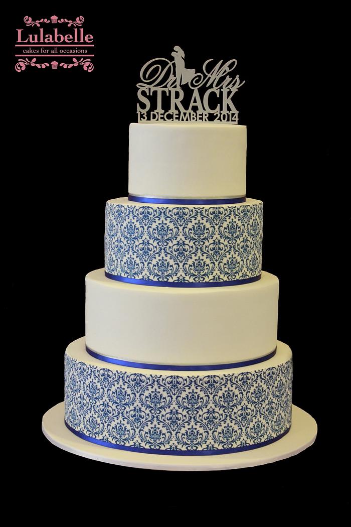Blue Damask Wedding Cake
