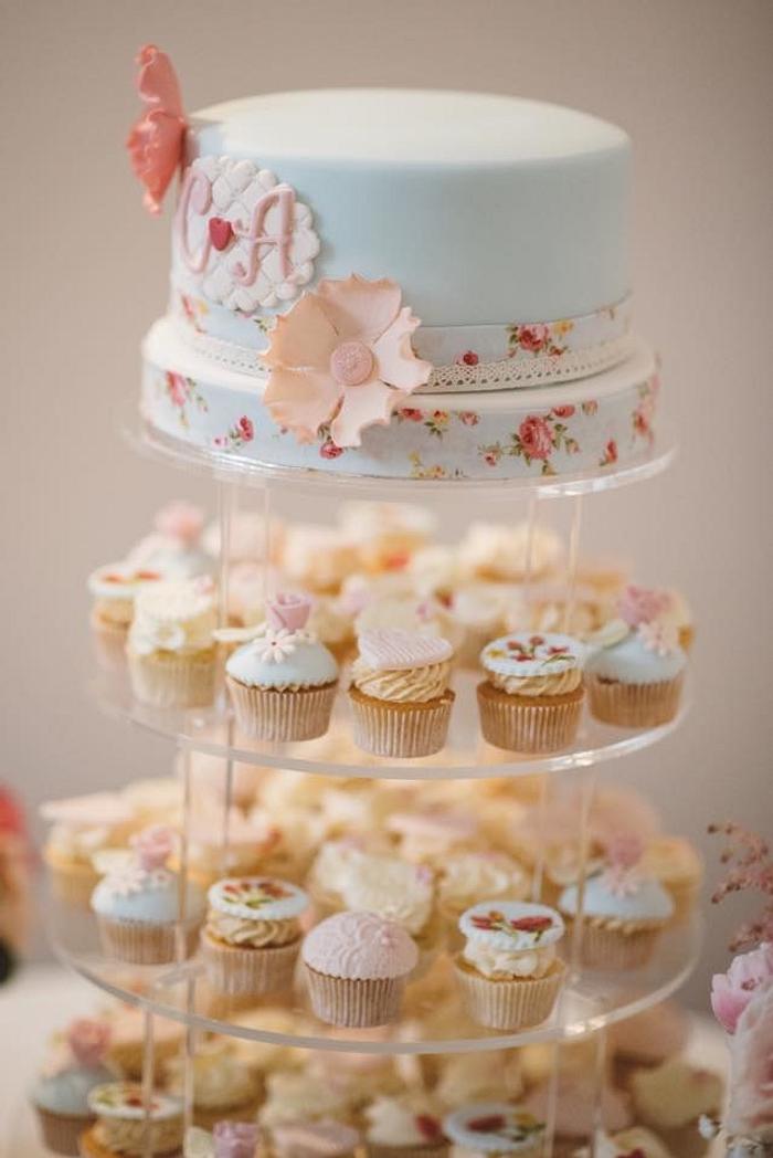 Hand painted cupcakes and vintage wedding cake