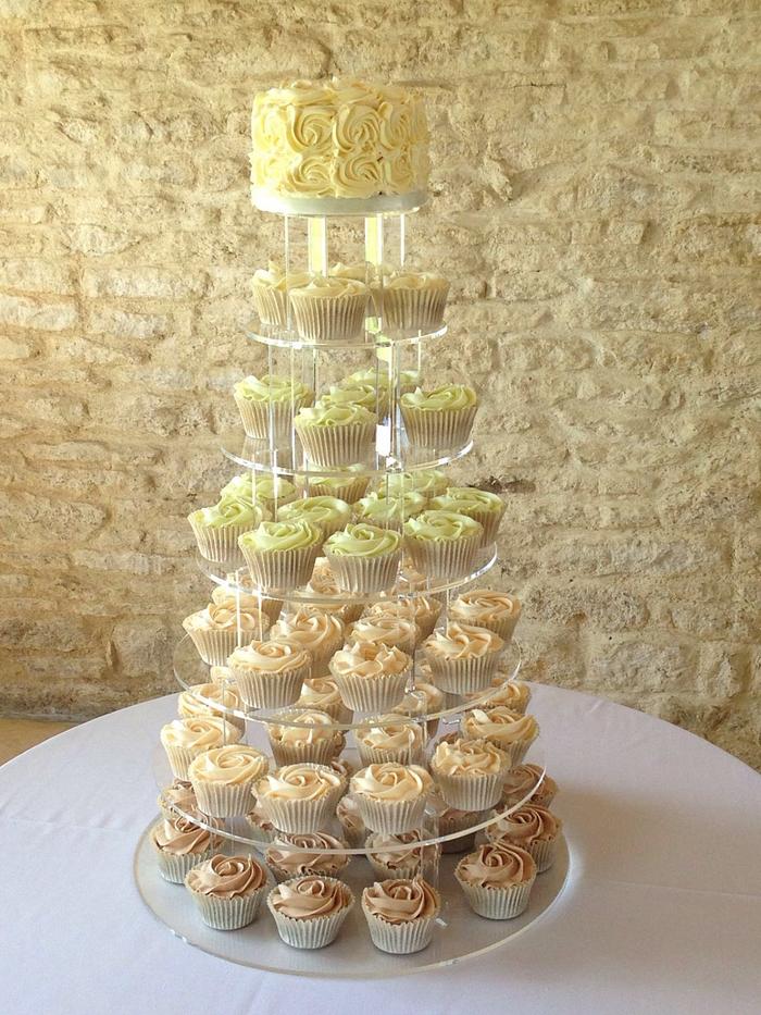 Ivory, pale pink, chocolate and  pistachio wedding cupcakes