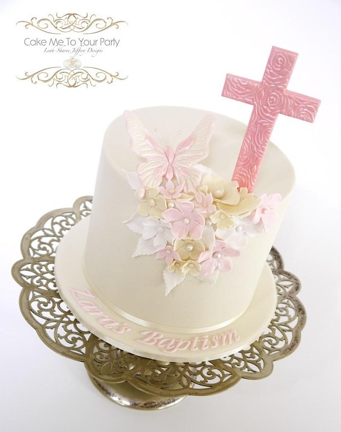 Pink Floral & Butterfly Baptism Cake