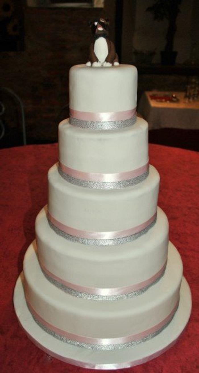 white, silver and dust pink weddin cake