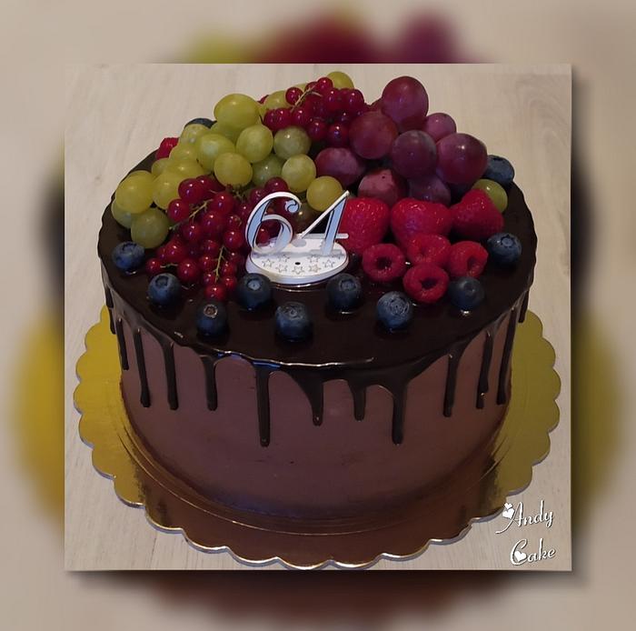 Chocolate birthday cake with fruits