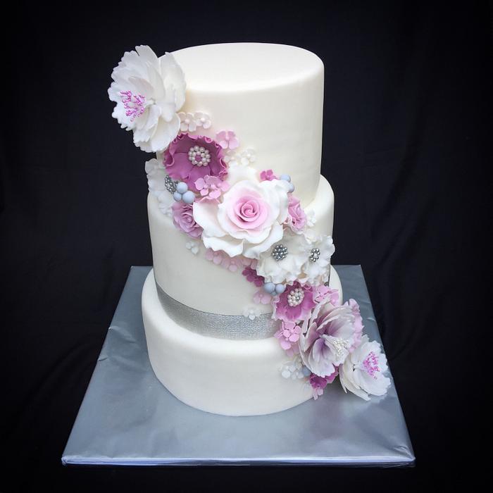 Purple cascade wedding cake