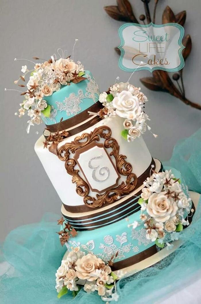 Spa Blue and Brown Wedding Cake
