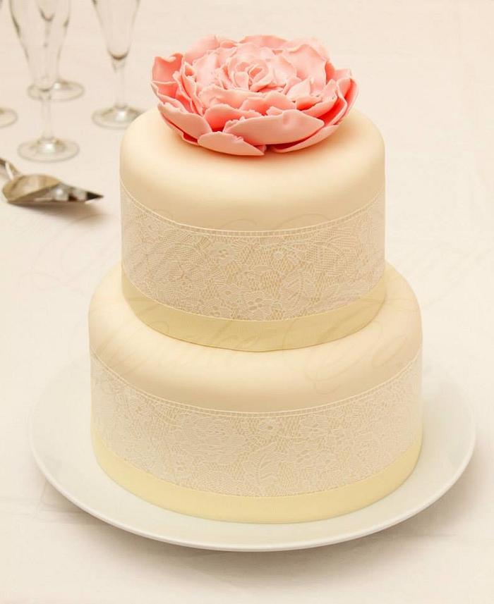 Vintage Lace Peony Wedding Cake
