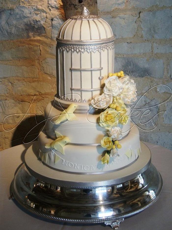 Love Birds cake with yellow and silver theme