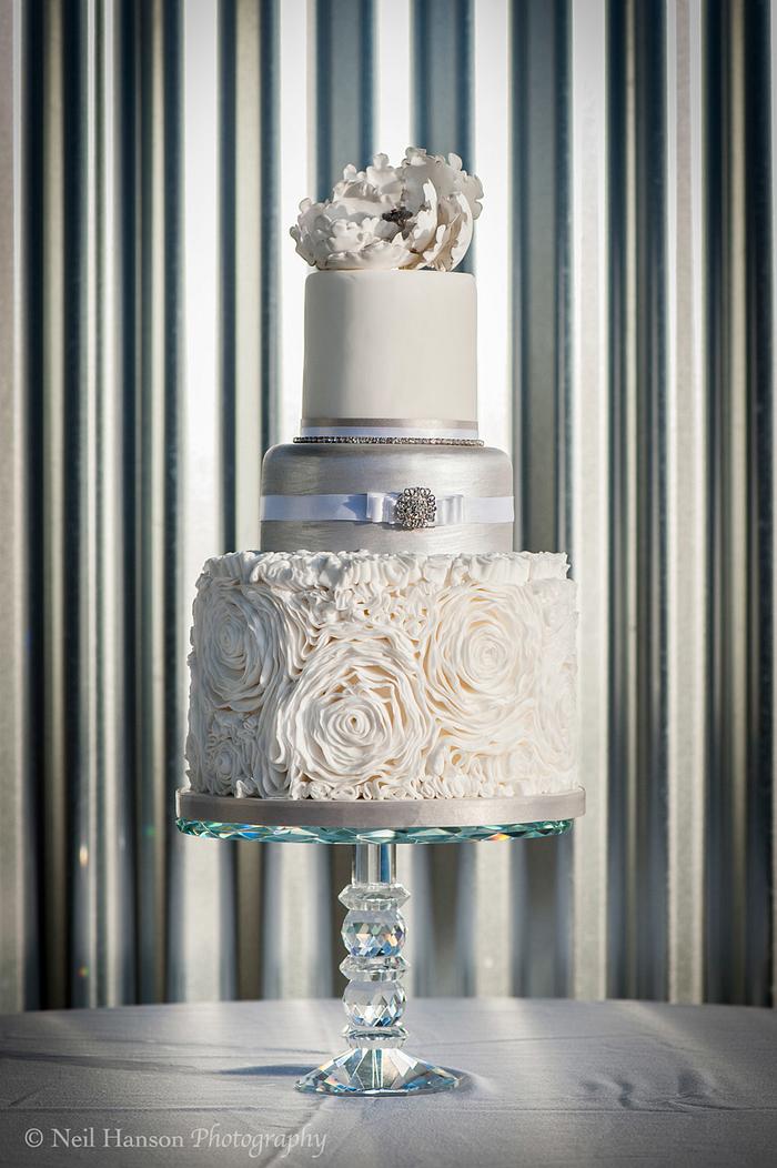 White Rose Ruffle and Silver Peony Wedding Cake