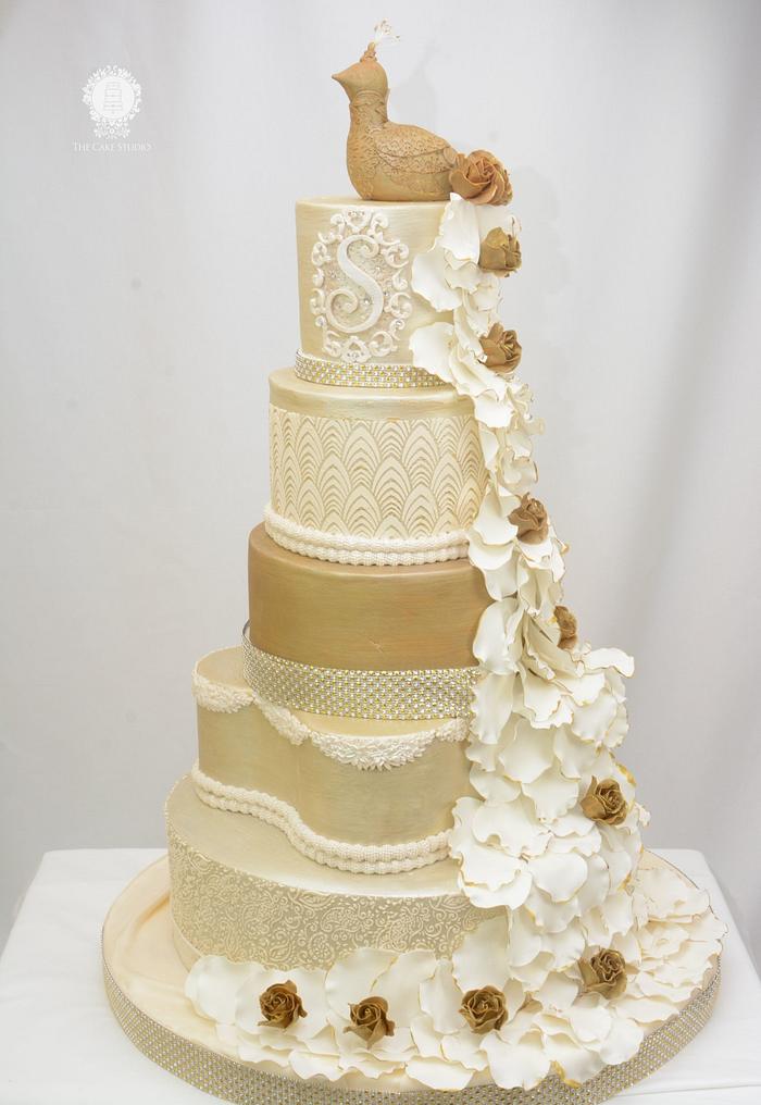 White,Gold and Ivory Peacock Cake