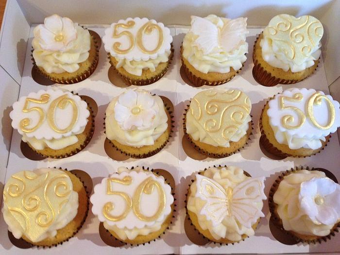 Golden 50th anniversary cupcakes