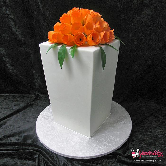 Modern Wedding Cake with Orange Tulips