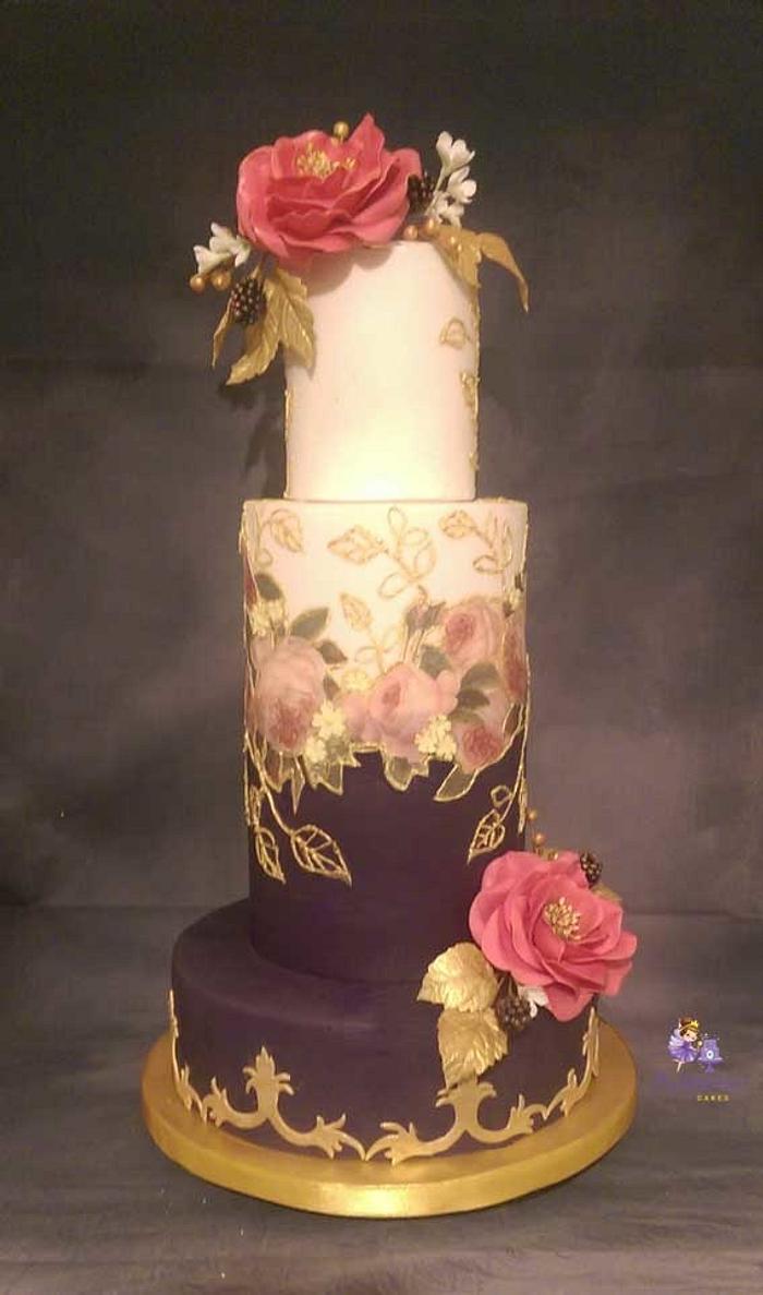 Purlple & Fuchia Guilded wedding cake