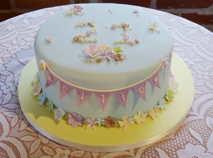 Flowers and bunting 21st birthday cake
