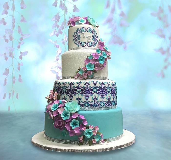 Teal and Purple Wedding Cake