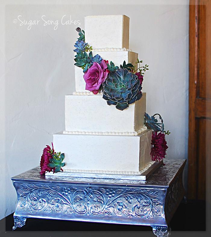 Square Buttercream wedding cake with fresh succulents 