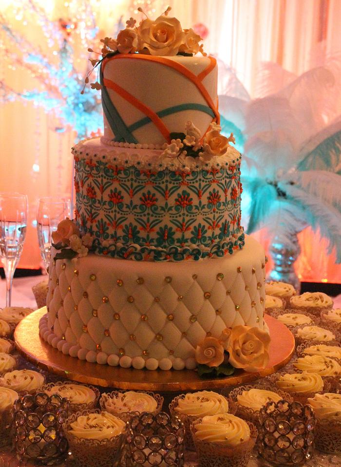 Wedding Cake with Teal & Orange Accents