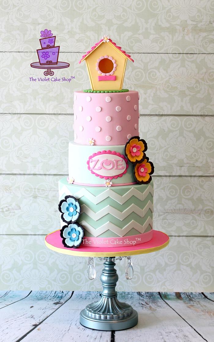 BIRDHOUSE Topper on a Polka Dots and Chevron Pastel Cake