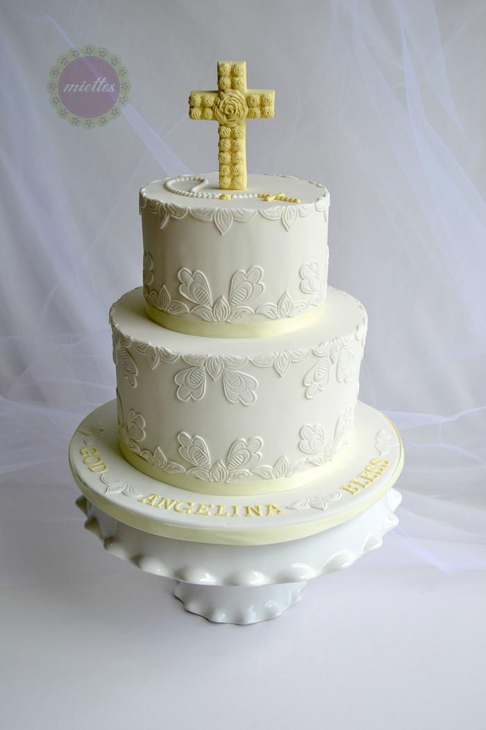 Jacobean Style Floral Applique Communion Cake