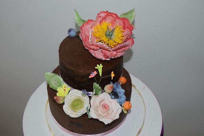 Naked ganached cake with Sugar flowers 