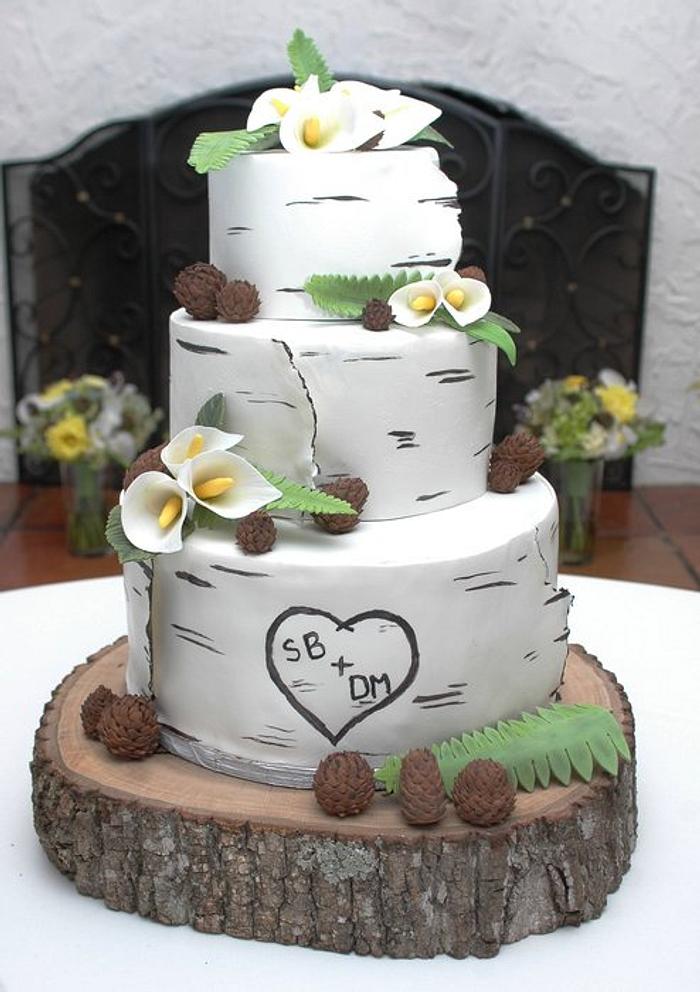 White Modeling Chocolate wrapped birch wedding cake