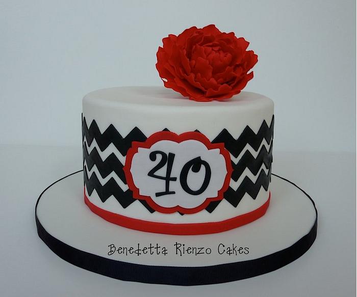Black and White Chevron with Red Peony