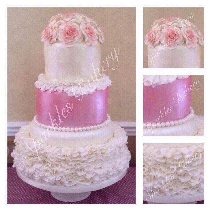 3 TIER VINTAGE RUFFLE AND ROSES CAKE