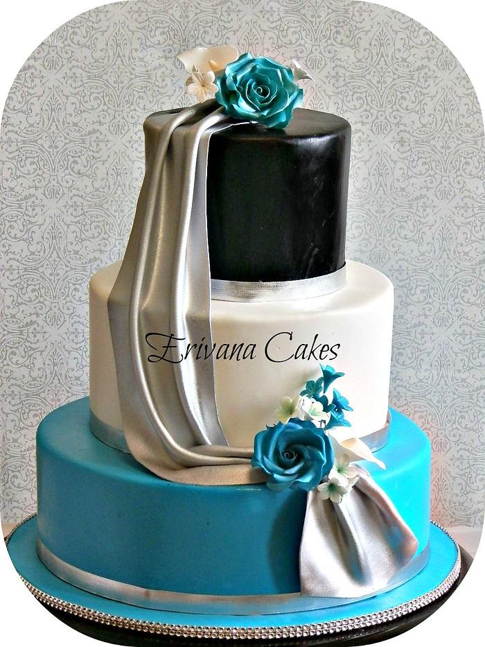 Turquoise, Black and Silver Wedding Cake