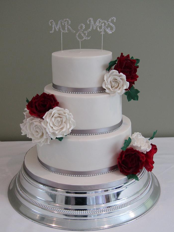 White & Red roses wedding cake