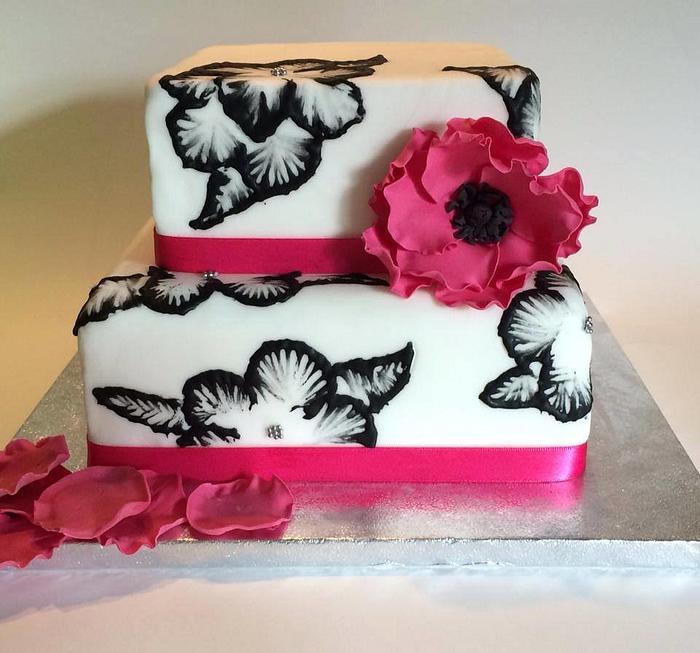 Black, white and pink brushed embroidery cake