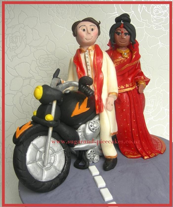 Indian Bride with Sari & British Groom - Bridal Couple on Motor Bike - Cake Topper 