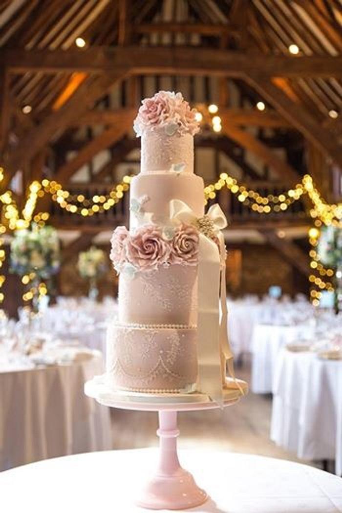 Pink brush embroidery wedding cake