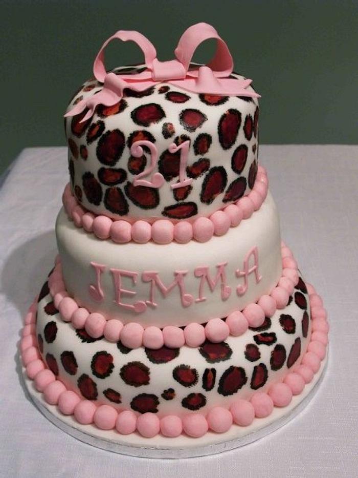 Three tier leopard print 21st birthday cake