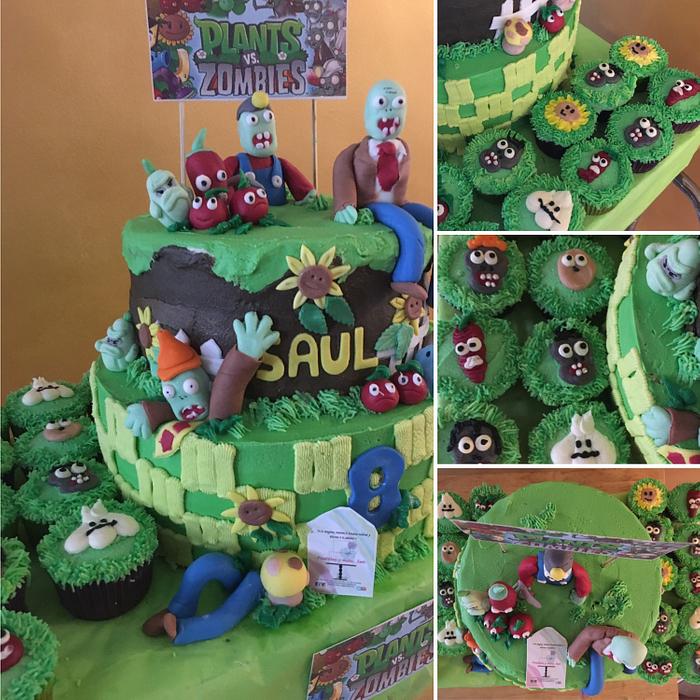 Plants vs. Zombies cake and cupcakes