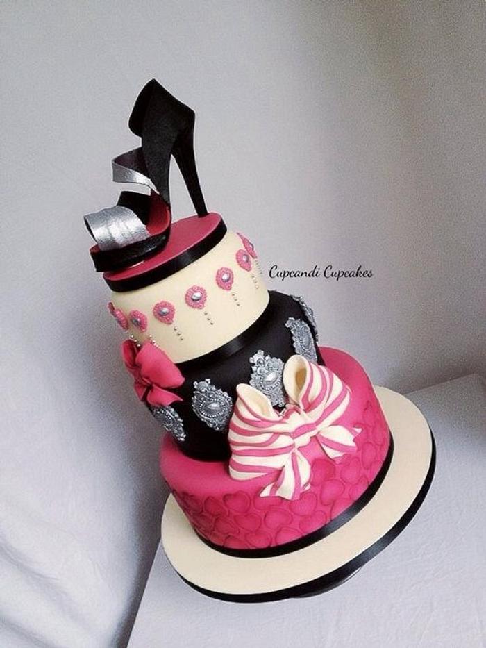 Pink black metalic shoe baroque cake