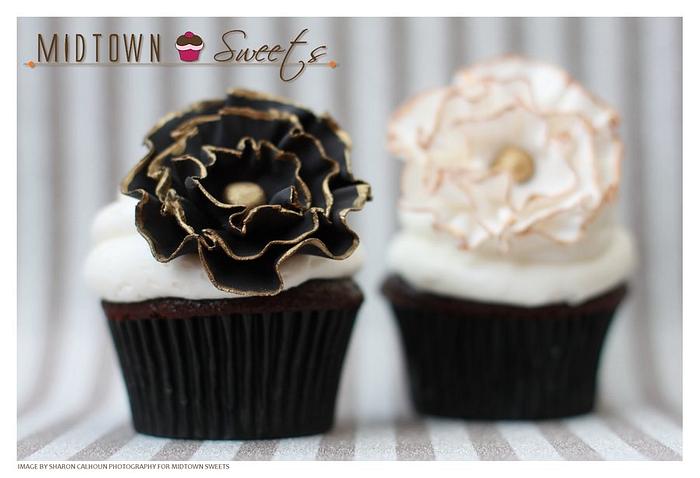 Chocolate Birthday Cupcakes with Black and White Ruffled Fondant Flowers with Gold Trim