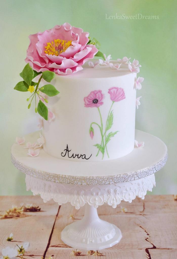 Birthday cake with sugar flowers.