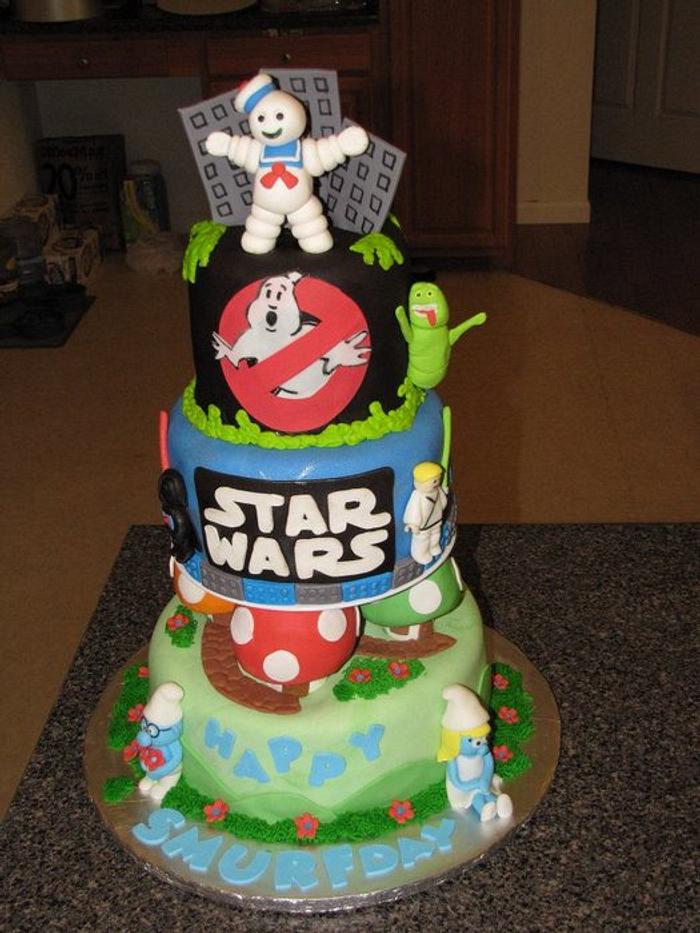 Ghost busters , lego star wars  and Smurfs multi-theme cake