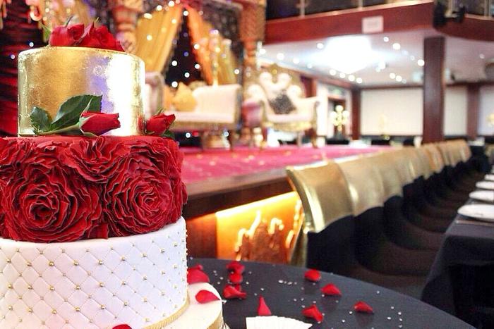 Grand Red Rose Ruffle and Gold Wedding Cake