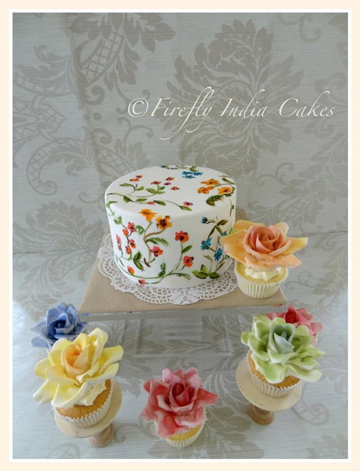 Hand painted cake & 'watercolor' rose cupcakes