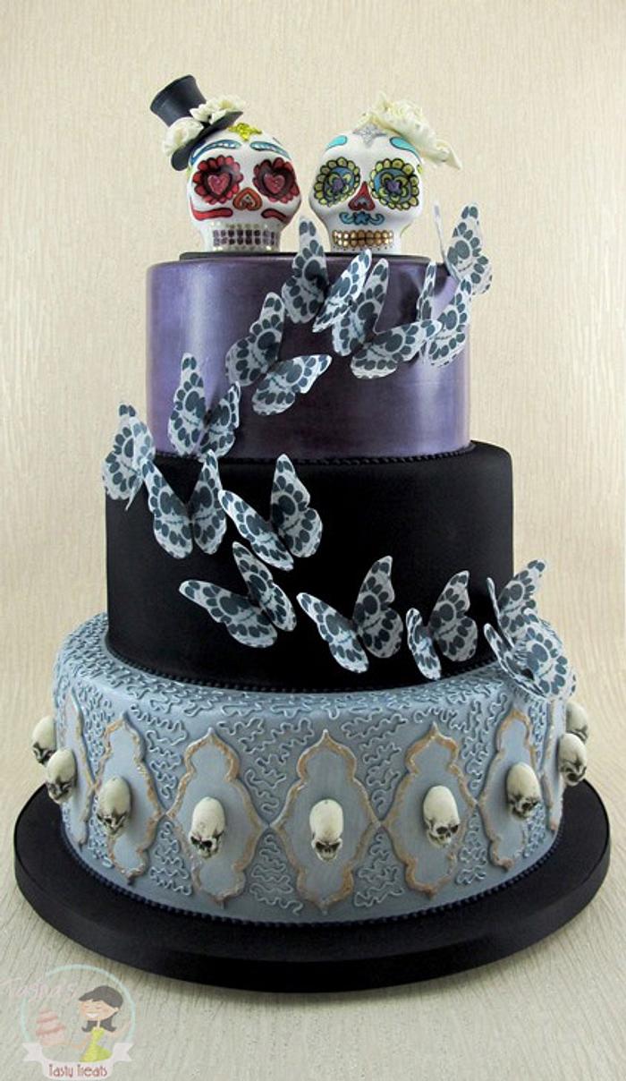 Gothic Wedding Cake with Mexican Skull Topper
