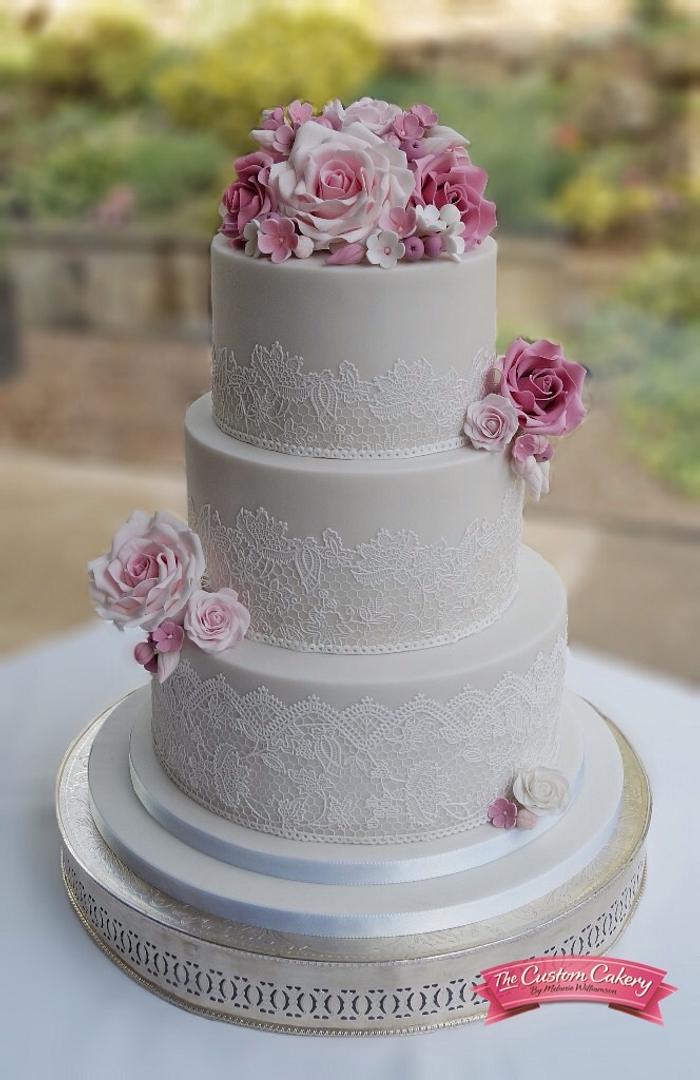 Rose, Lace and Grey Wedding Cake