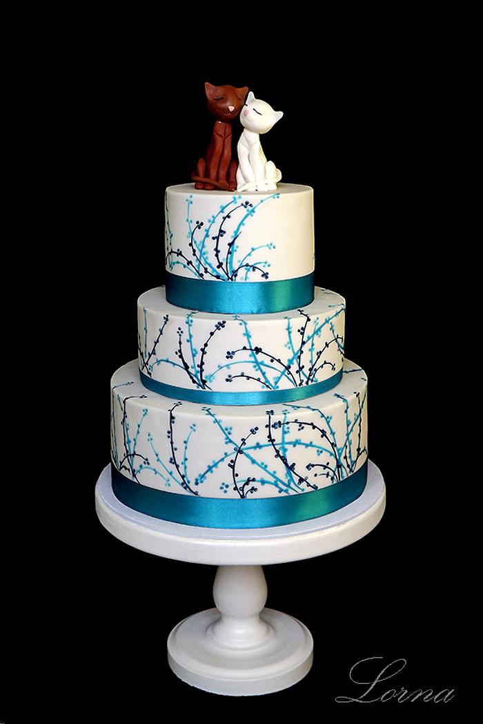 Wedding cake - white & turquoise & cats