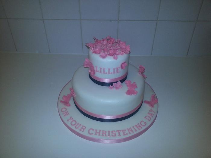 black pink and white christening cake